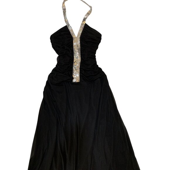 B Smart Sz 9/10 Formal Black Maxi Dress Silver Sequin Halter Ruched Y2K 8836 - Picture 2 of 11